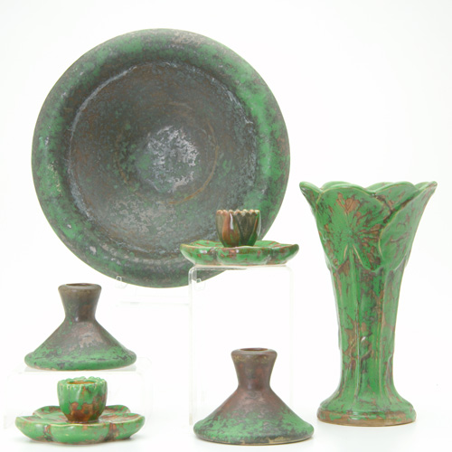 Appraisal: WELLER Six Coppertone pieces Two pairs of candlesticks one pair