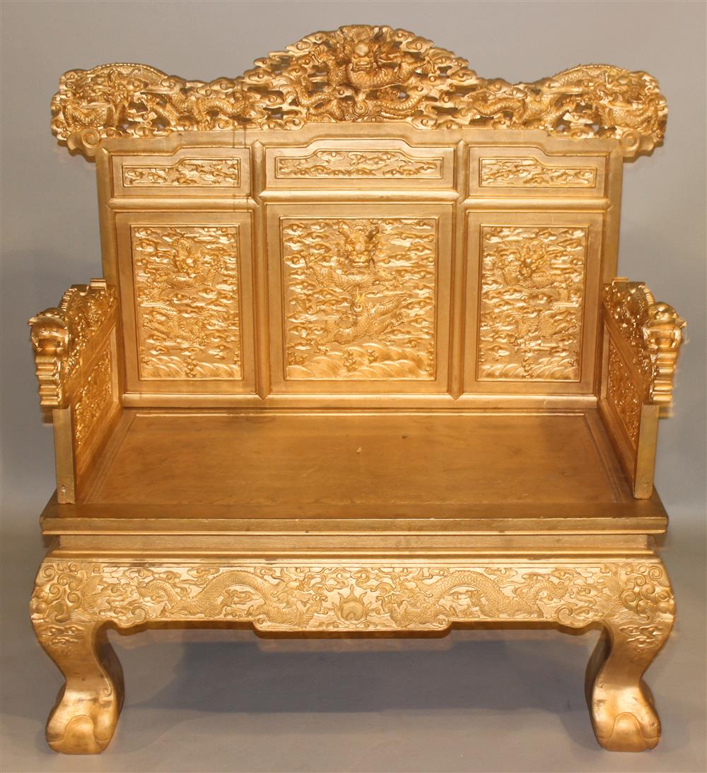 Appraisal: GILT-PAINTED DRAGON THRONE CHAIR TH C carved in the style