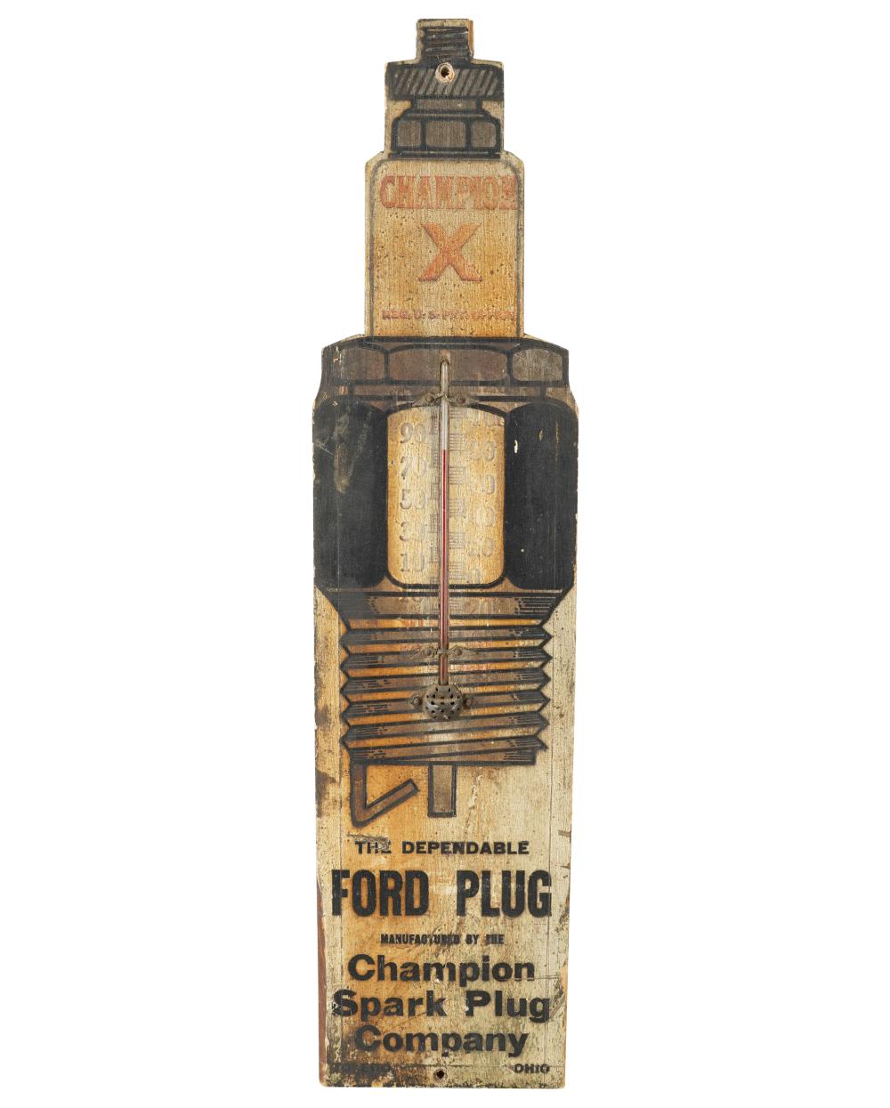 Appraisal: FORD PLUG ADVERTISING SIGNpainted wood barometer Condition with wear and