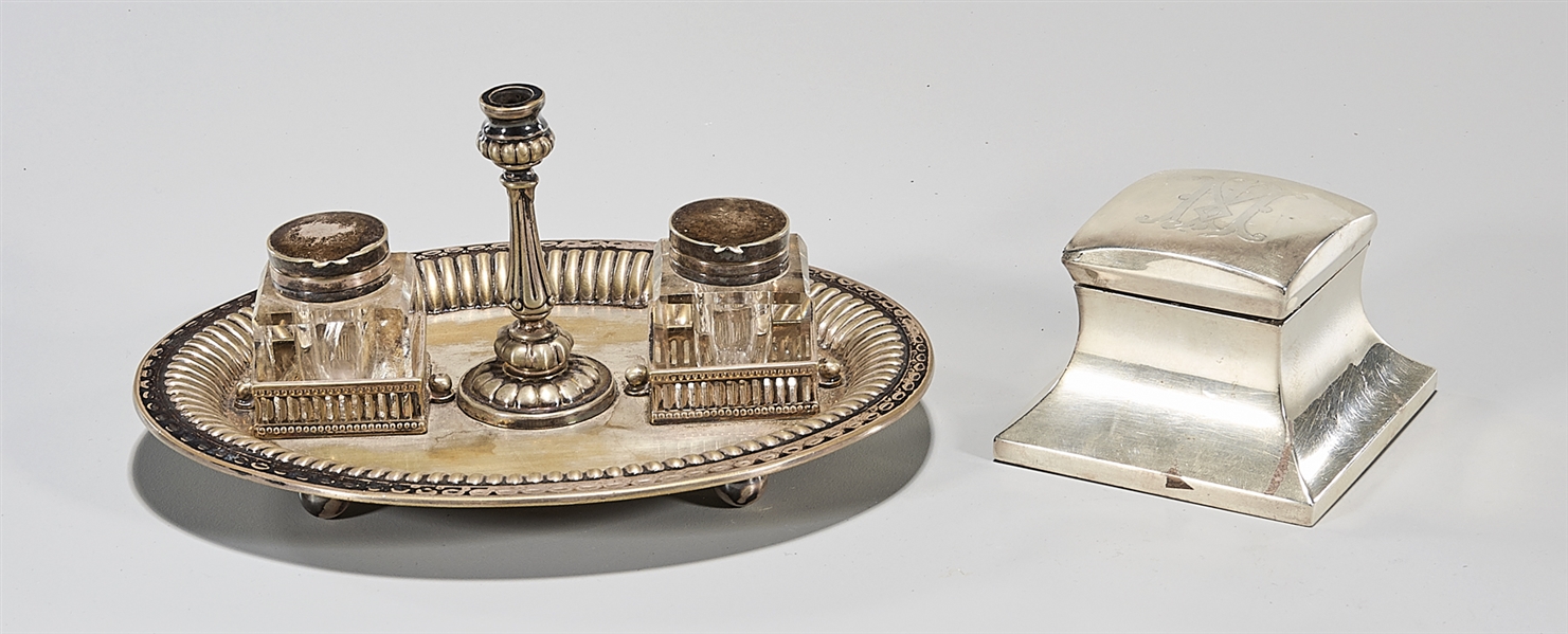 Appraisal: Two vintage inkwells including one metal tray with two glass