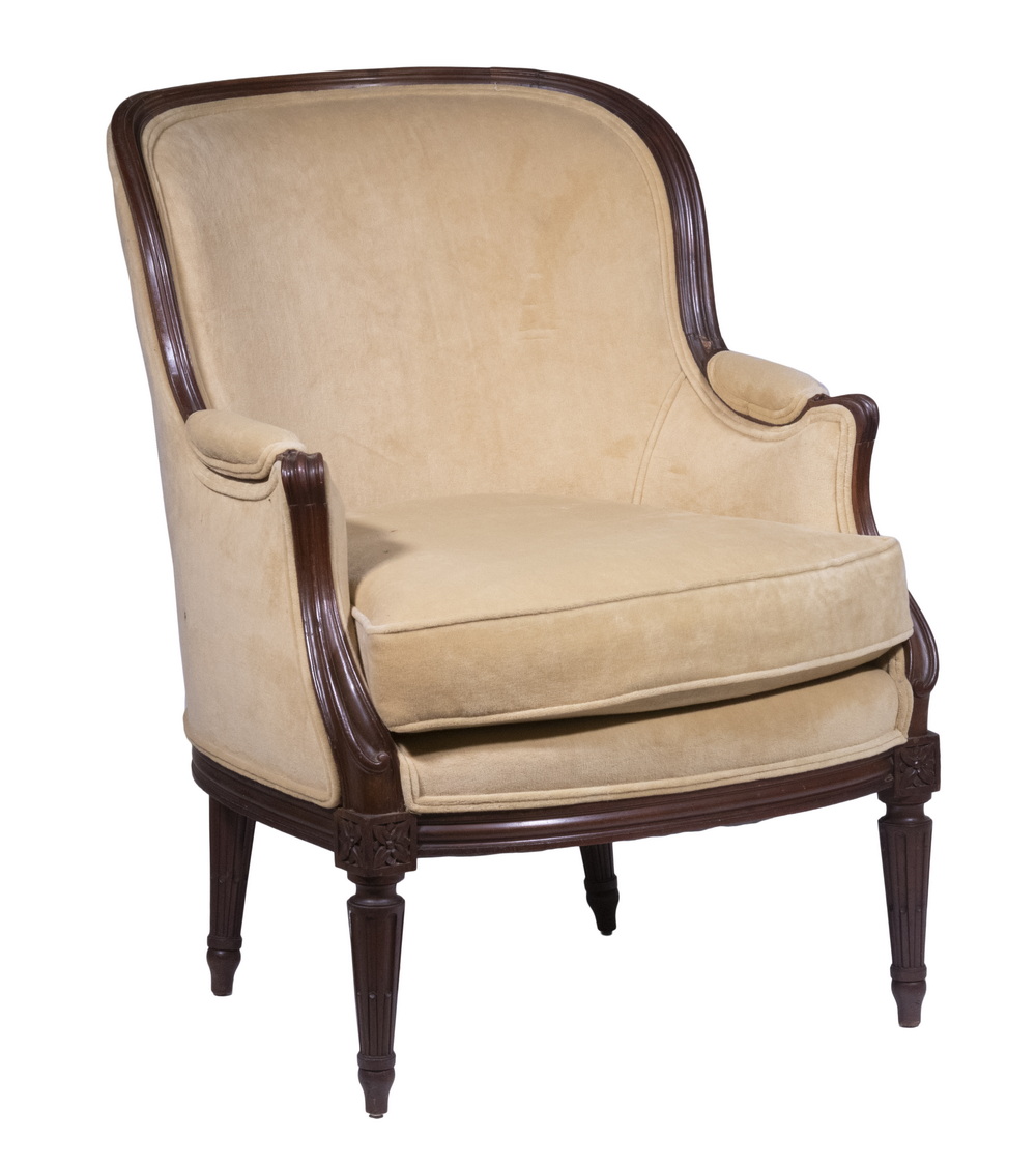 Appraisal: FRENCH BERGERE ARMCHAIR Louis XV Style Upholstered Armchair th c