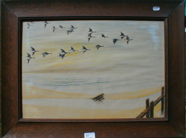 Appraisal: Ash Ducks in flight over the sands watercolour signed and