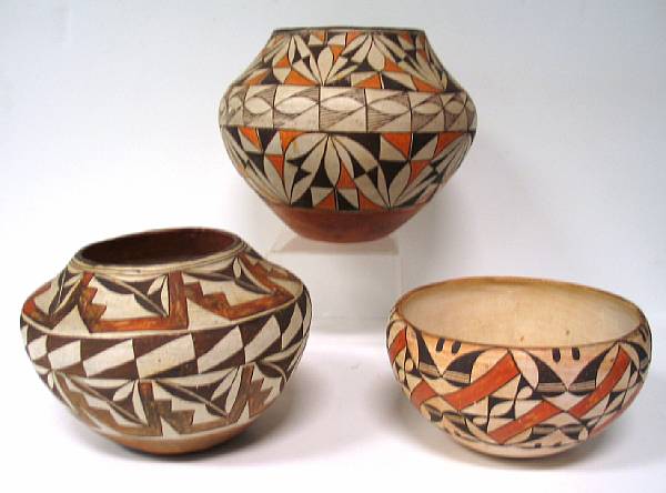 Appraisal: Three Acoma polychrome jars diameter - in restoration to largest