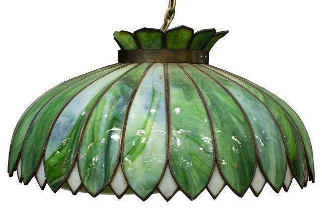 Appraisal: American slag glass four-light hanging lamp having green domed shade