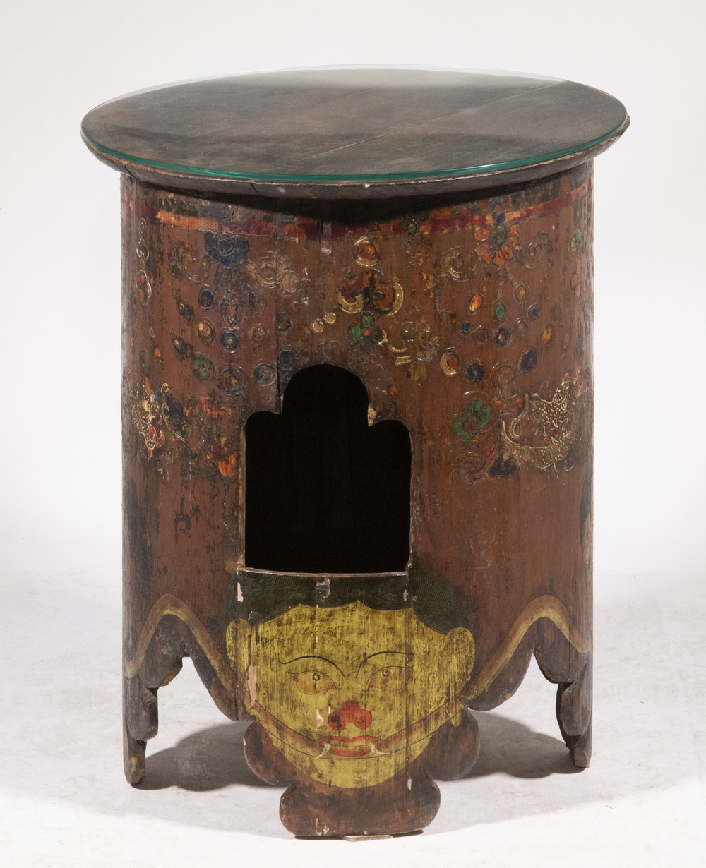 Appraisal: TIBETAN PAINTED DRUM TABLE Vintage Wooden Stand constructed from housing