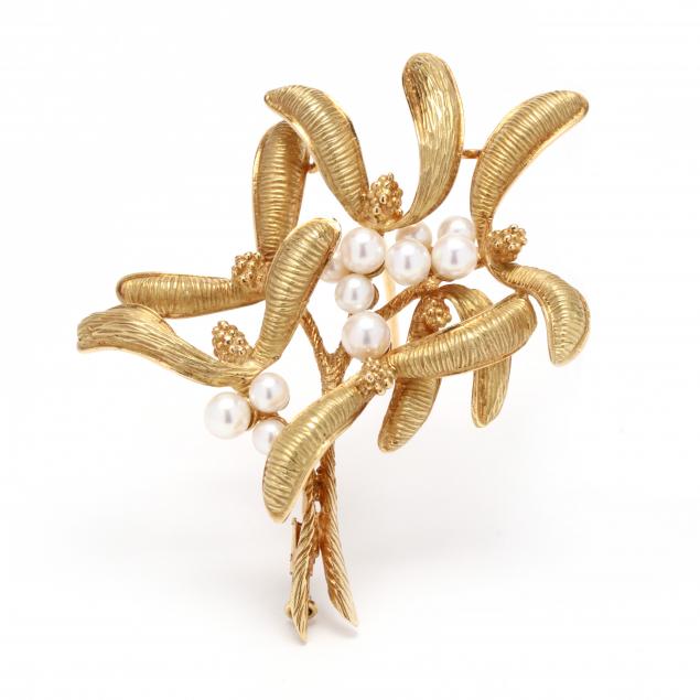 Appraisal: Gold and Pearl Brooch France Designed in a foliate motif