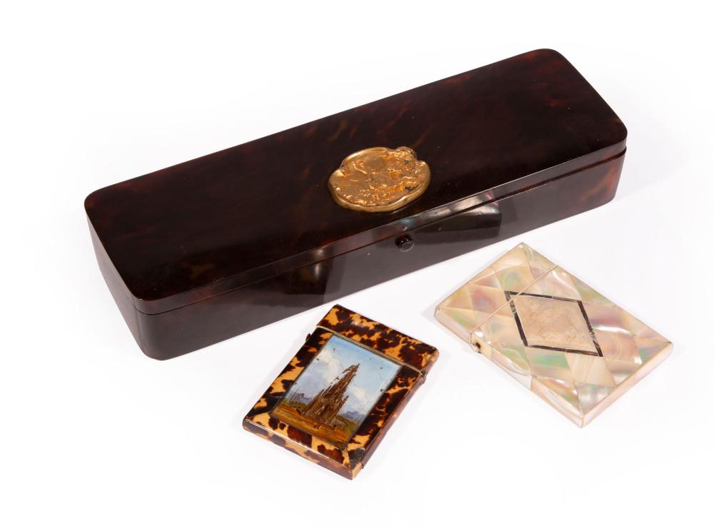 Appraisal: Antique English Tortoiseshell Dresser Box hinged lid mounted with a