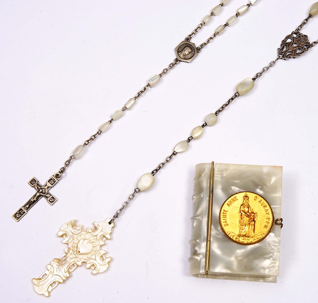 Appraisal: Two sets of mother of pearl rosary beadsand a miniature