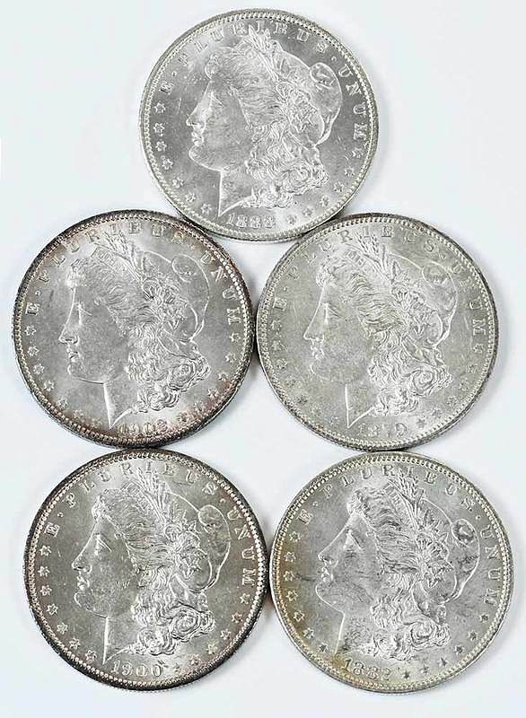 Appraisal: Five Uncirculated New Orleans Morgan Dollars -O -O -O -O