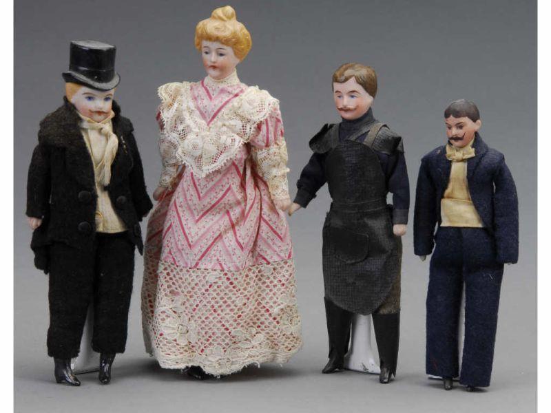 Appraisal: Four German Dollhouse Dolls MN Bisque heads and limbs Includes