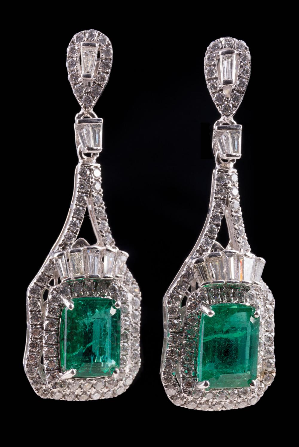 Appraisal: Pair of Platinum Emerald and Diamond Dangle Earrings center prong