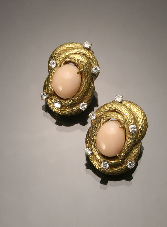 Appraisal: Pair of Tested -Karat Yellow-Gold Angel Skin Coral and Diamond