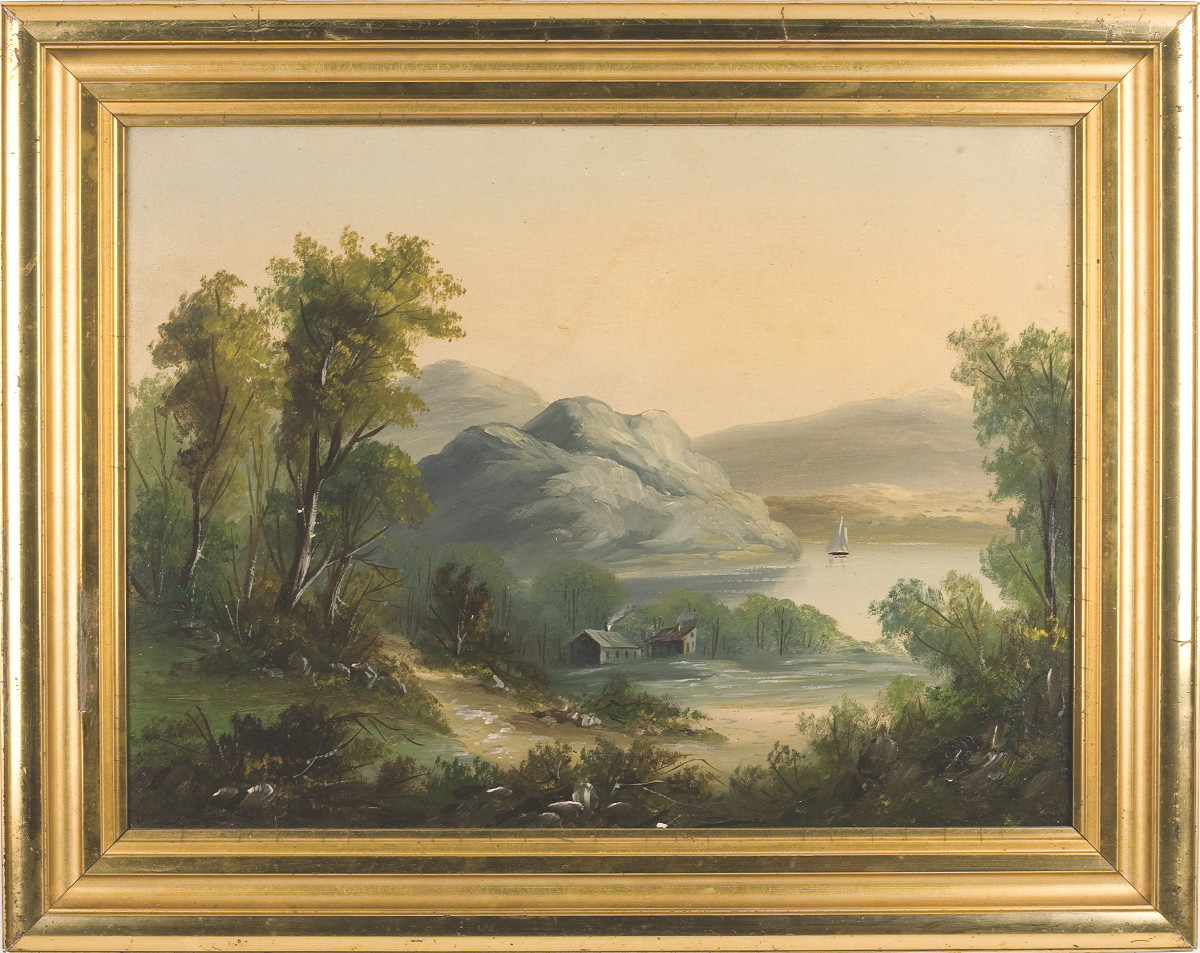 Appraisal: HUDSON RIVER SCHOOL PAINTING OF TWO HOUSES WITH SMOKING CHIMNEYS