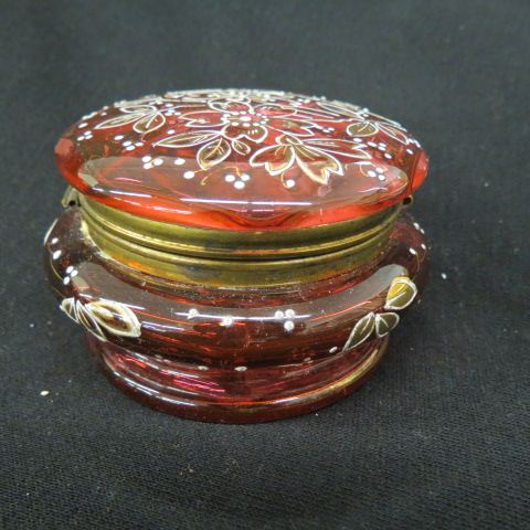 Appraisal: Cranberry Art Glass Dresser Box enameled floral gold diameter