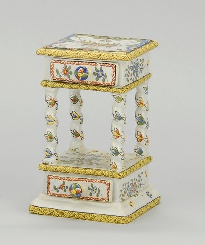 Appraisal: FRENCH FAIENCE MINIATURE TWO-DRAWER STAND PATCHBOX Early th CenturyWith polychrome