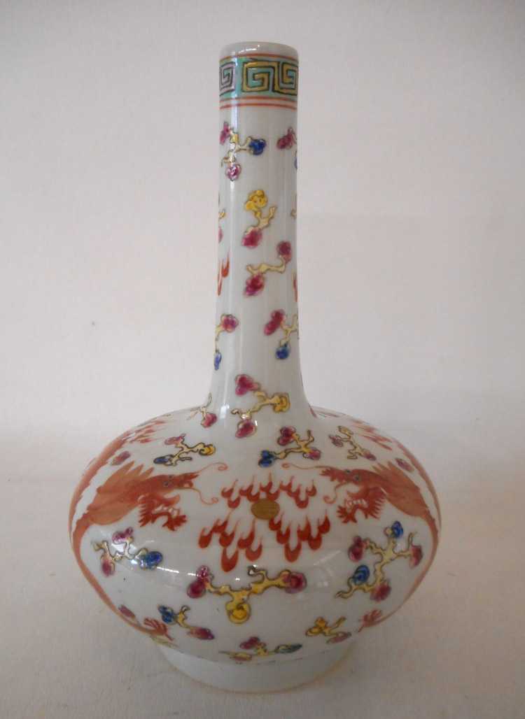 Appraisal: CHINESE HAND ENAMELED PORCELAIN VASE bottle form with two dragons