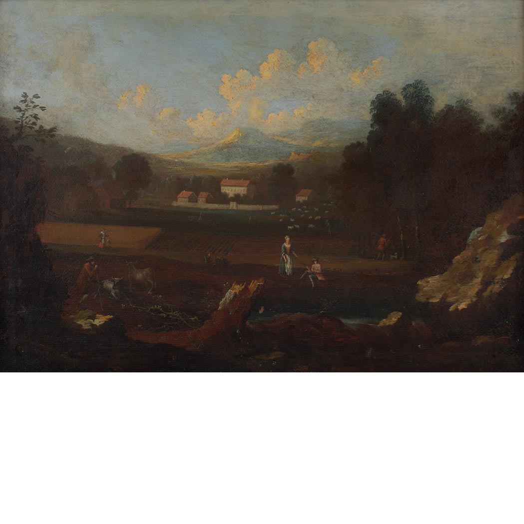 Appraisal: German School th Century Pastoral Landscape with Figures and Livestock