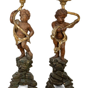 Appraisal: A Pair of Italian Painted and Parcel Gilt Figural Torcheres