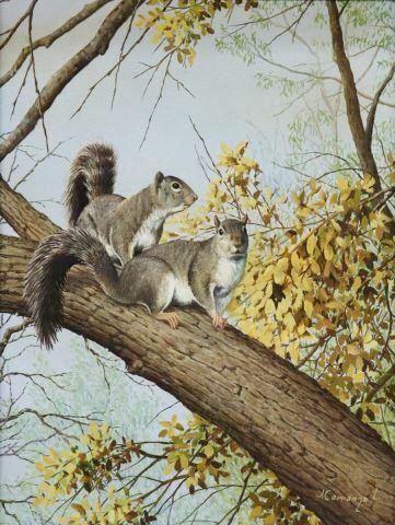 Appraisal: Framed oil on canvas painting Squirrels on Tree Branch signed