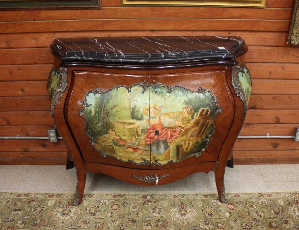 Appraisal: LOUIS XV STYLE VERNIS MARTIN BOMBE COMMODE a -door design