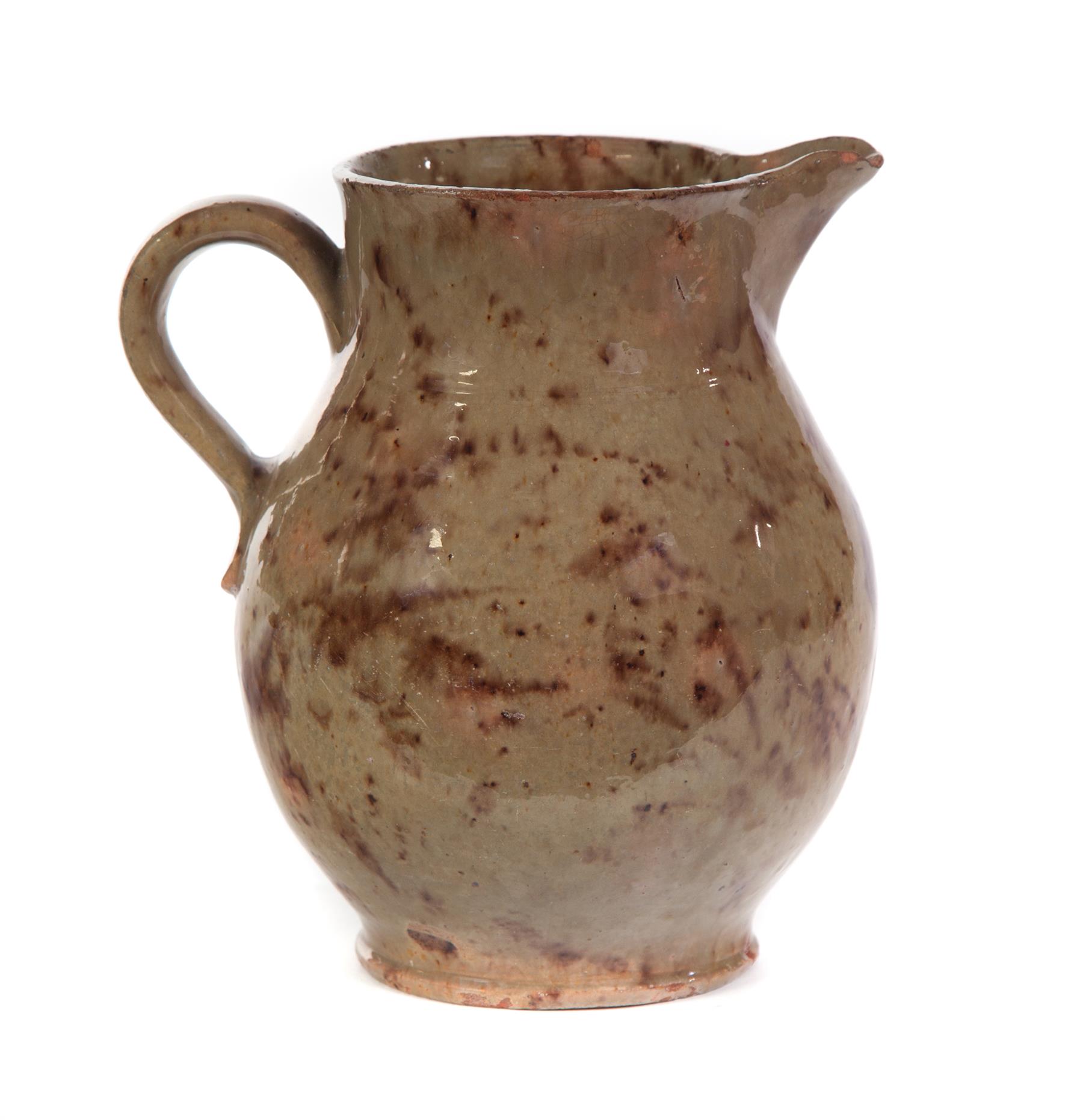 Appraisal: NEW ENGLAND REDWARE PITCHER Mid th century Sage green glaze