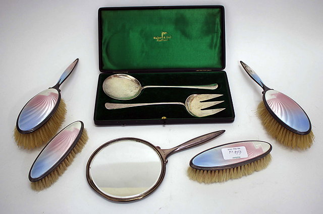 Appraisal: AN ART DECO ENAMELLED SILVER DRESSING TABLE SET with blue