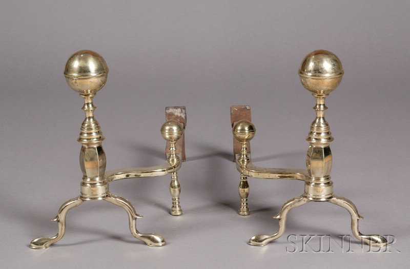 Appraisal: Pair of Brass and Iron Belted Ball-top Andirons JOHN MOLINEAUX