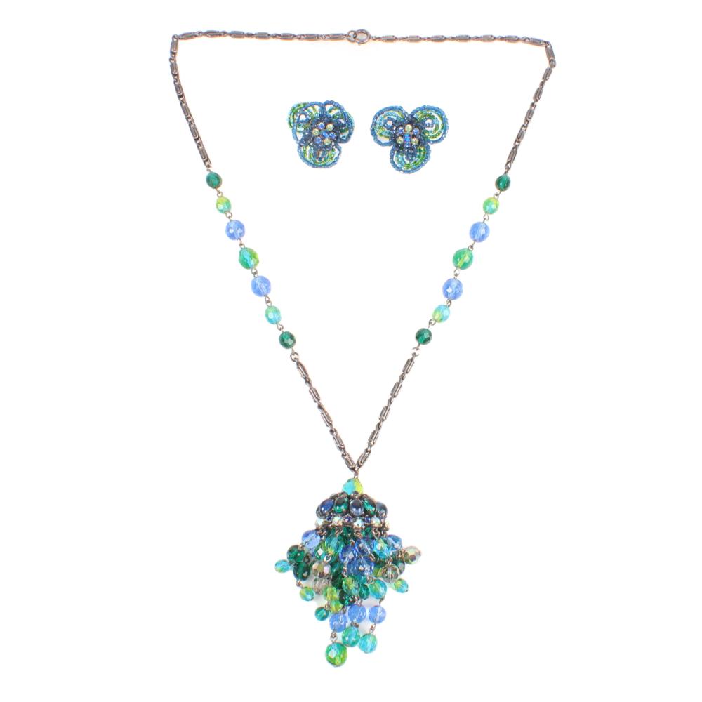 Appraisal: SCHIAPARELLI CHANDELIER DROP PENDANT NECKLACE WITH CASCADING BLUE AND GREEN