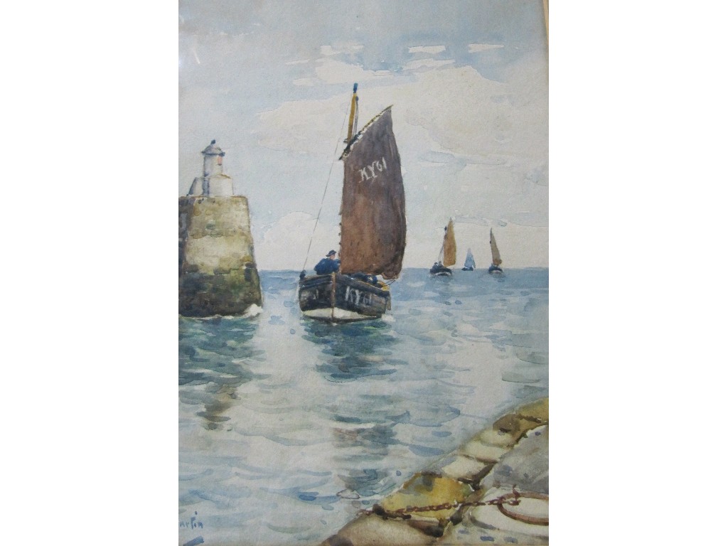 Appraisal: DAVID MARTIN Watercolour of boats approaching an East Coast harbour