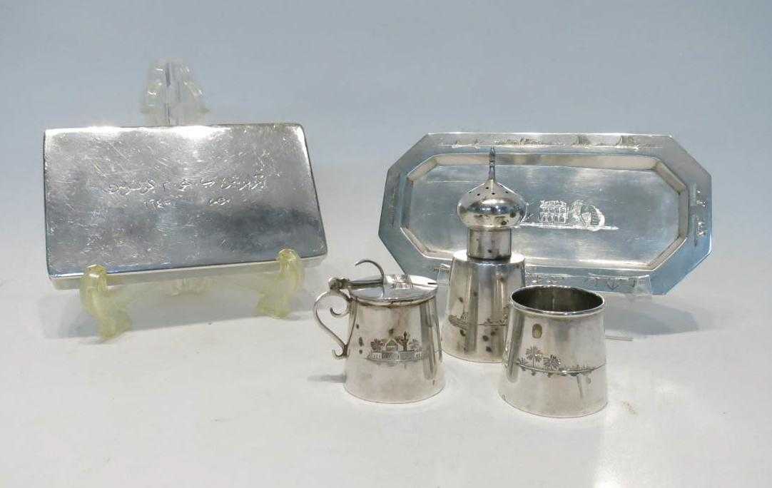 Appraisal: FIVE EGYPTIAN SILVER ITEMS cigarette case hallmarked fine silver -