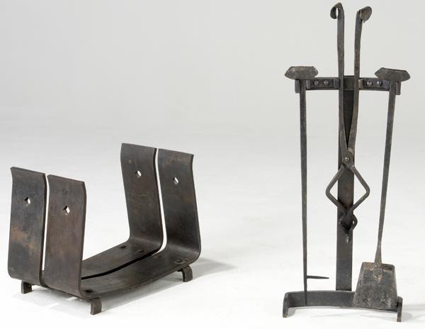 Appraisal: ARTS CRAFTS Wrought-iron fireplace tools together with matching log rack