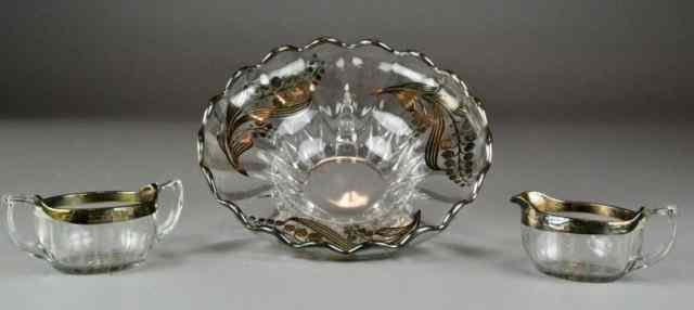 Appraisal: Pieces Silver Overlay GlassTo include a three footed bowl with