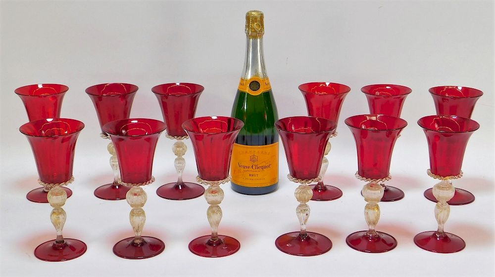 Appraisal: PC Venetian Red Aventurine Wine Glasses Italy Early th Century