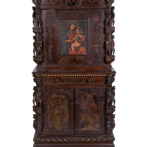 Appraisal: A Spanish Colonial Style Carved Oak and Painted Vargueno Cabinet