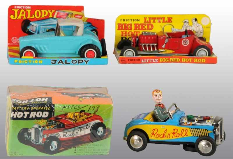 Appraisal: Lot of Tin Hot Rod Toys Description Japanese Working Includes