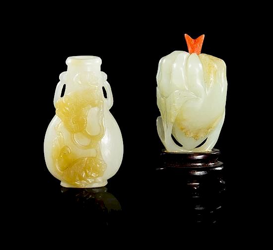 Appraisal: Two Carved Jade Snuff Bottles Height of tallest inches with