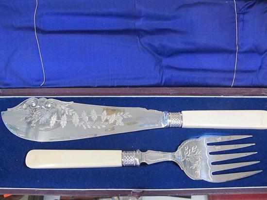 Appraisal: PAIR OF BOXED VICTORIAN IVORY HANDLED FISH SERVERS