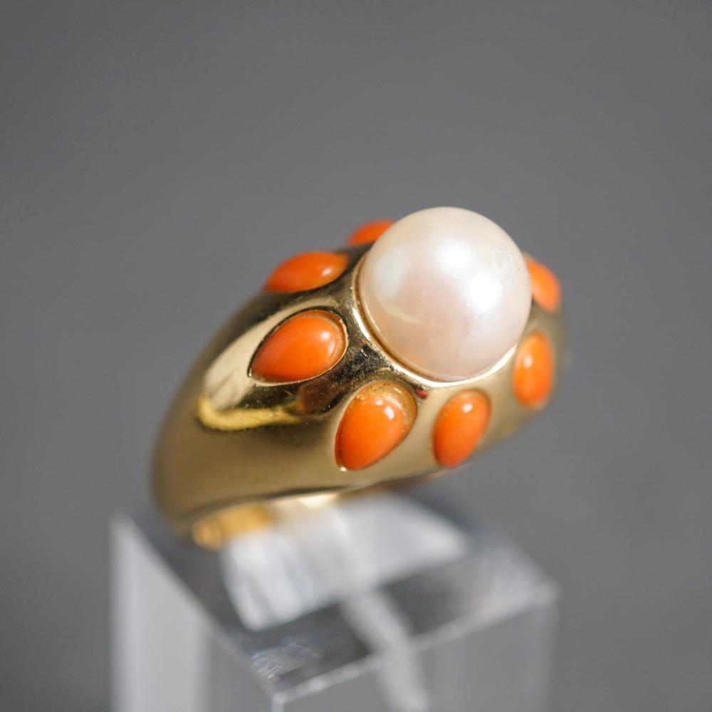 Appraisal: -KARAT YELLOW-GOLD PEARL AND CORAL RING GROSS DWT SIZE -Karat