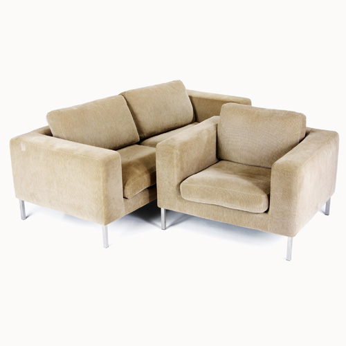 Appraisal: MODERN Even-arm settee and club chair covered in brushed fabric