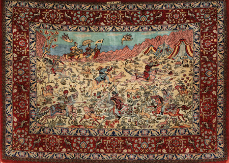 Appraisal: Nain Silk Pictorial Rug Post Depicting figures on horseback hunting