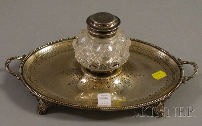 Appraisal: English Sterling Silver and Colorless Cut Glass Footed Inkstand mid