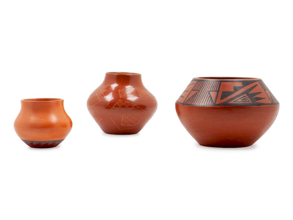 Appraisal: Three Redware Jars Three Redware Jars largest by Tonita Roybal