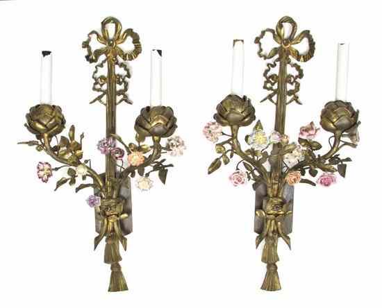 Appraisal: A Pair of Cast Metal Tole and Porcelain Two-Light Sconces