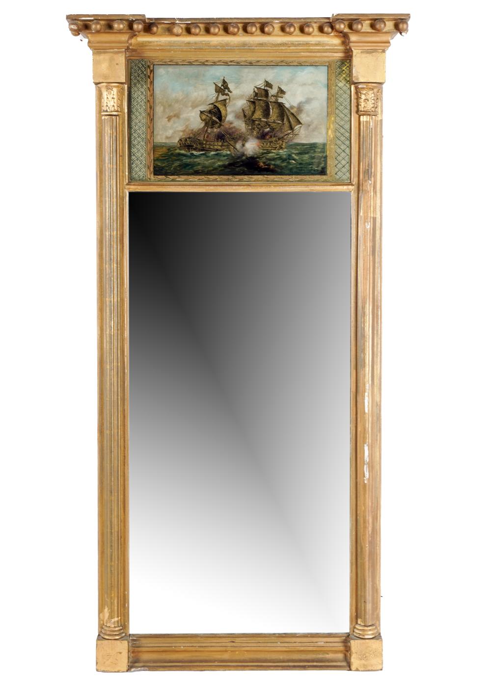 Appraisal: AMERICAN LATE CLASSICAL-STYLE GILTWOOD HALL MIRRORthe frieze inset with painted