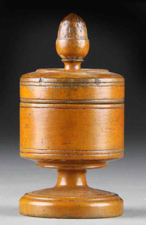 Appraisal: An American Turned Painted Safron Jar CoverA finely carved and