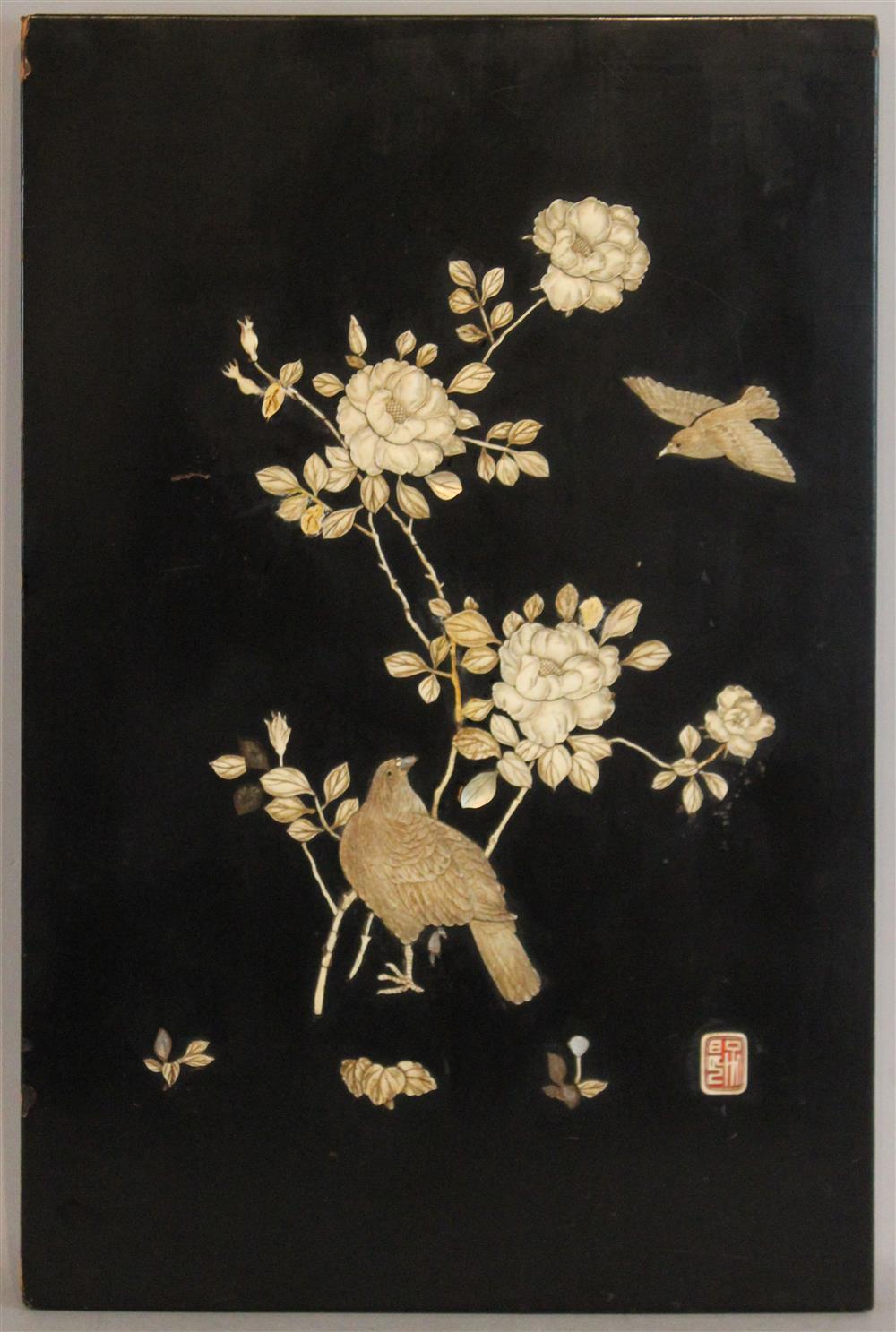 Appraisal: SMALL BLACK LACQUER ASIAN PLAQUE WITH INSECTS FLOWERS AND BIRDS