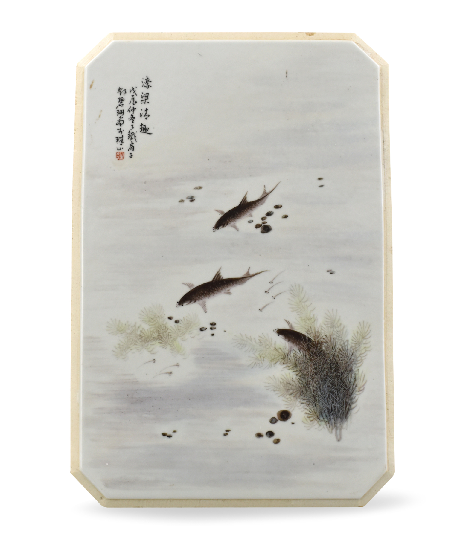 Appraisal: Chinese porcelain panel featuring three fish swimming amongst the fauna