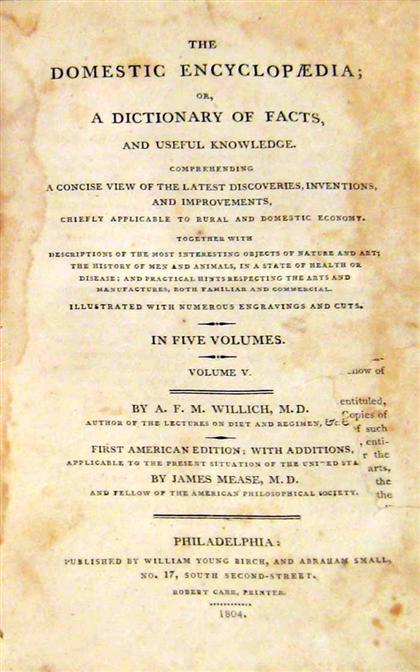 Appraisal: vols Willich A F M The Domestic Encyclopaedia or Dictionary