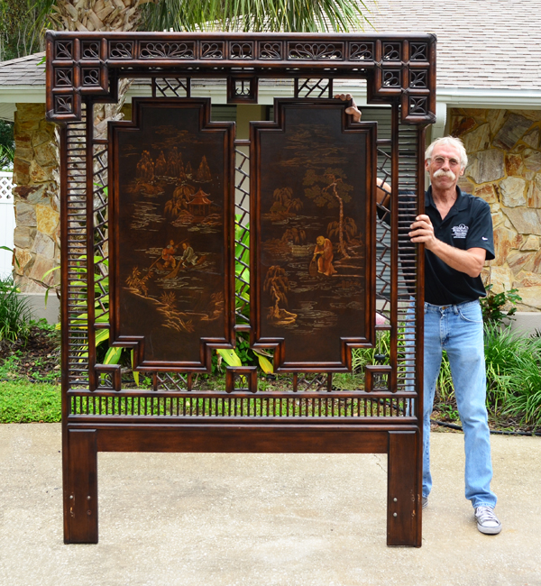 Appraisal: CHINOISERIE DECORATED JAPANESE HEADBOARD Bamboo with inset panels paint decorated