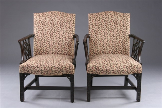 Appraisal: PAIR GEORGIAN CHIPPENDALE STYLE UPHOLSTERED ARMCHAIRS th century Serpentine crest